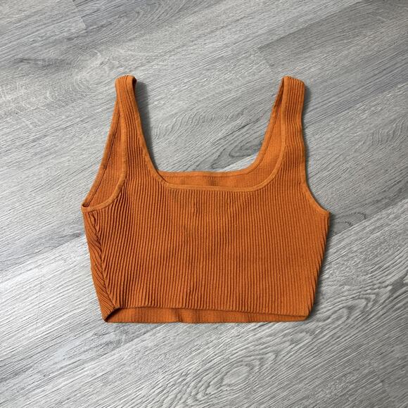 Aritzia Babaton Sculpt Knit Square Neck Cropped Tank Top Medium Orange Ribbed - Picture 2 of 5